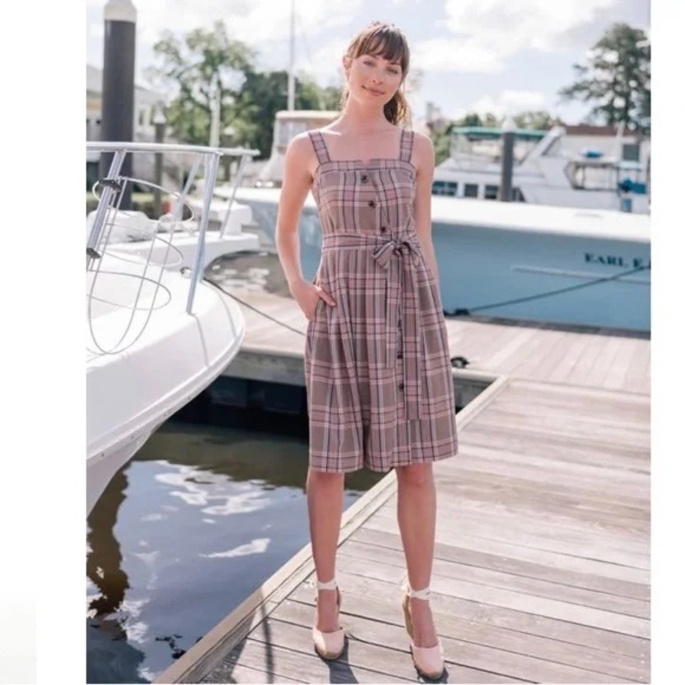 Anthropologie Gal Meets Glam Madison Brown Plaid Midi Dress Square Neck Size 2 - Picture 3 of 9